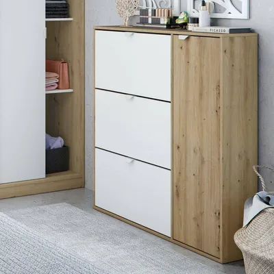 Produktbild von Schuhregal Dmodic, Schuhregal für den Eingangsbereich mit 4 Türen, platzsparender Schuhschrank, 105 x 24 x 112 cm, Weiß und Eiche