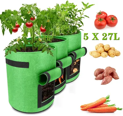 Produktbild von Ikodm 5er Set Pflanzsäcke 26,5 L aus Vlies mit Sichtfenster & Griffen, Kartoffel-Pflanztaschen für Gemüse, Balkon & Garten