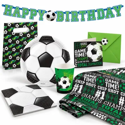 Produktbild von Amscan Fußball Partyset 50-teilig aus Papier, Teller 23 cm, Becher 250 ml, Servietten 33x33 cm