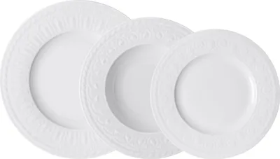 Three white plates of varying sizes are arranged on a white background.