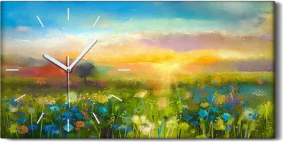 Produktbild von Küchenuhr Bürouhr Leinwand Uhr 60x30 Gemälde Wiese Blumen Himmel Sonnenuntergang - weiße Hände