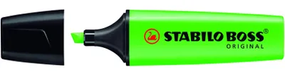 A single green highlighter pen with its black cap removed and placed next to it, on a white background.