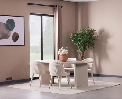 Zdjęcie produktu dla Owalny stół jadalny z 4 krzesłami, nowoczesny styl, beżowy, elegancki zestaw do domu