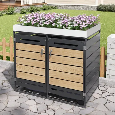 Obrázek produktu pro Flieks – kryt na popelnice s květináčem, skříňka na 2 popelnice, 120–240 l, kryt na popelnice se zámkem, 131 x 79 x 120 cm, černá
