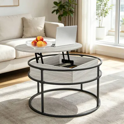 Produktbild von 2 in 1 Couchtisch Rund mit Hebeplatte,Höhenverstellbarer Beistelltisch mit Verstecktem Stauraum,Klein Wohnzimmertisch Kaffeetisch für Wohnzimmer,Büro
