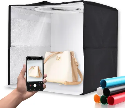 Produktbild von 30 x 30 x 30 cm kompaktes LED-Lichtzelt, zusammenklappbares Desktop-Fotostudio-Leuchtkasten-Fotografiezelt, 3200šC6500 K, dimmbar, USB-betrieben, mit 6 farbigen Hintergruenden fuer kleine Produktfotografie
