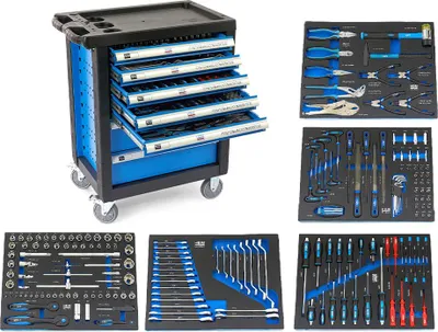 Immagine prodotto di Carrello completo di attrezzi,professionale Hbm,set 196 pezzi con 7 cassetti 5 scomparti e ruote da officina Carbon premium Olanda