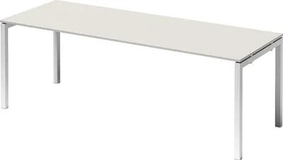 A white rectangular table with a U-shaped metal frame.