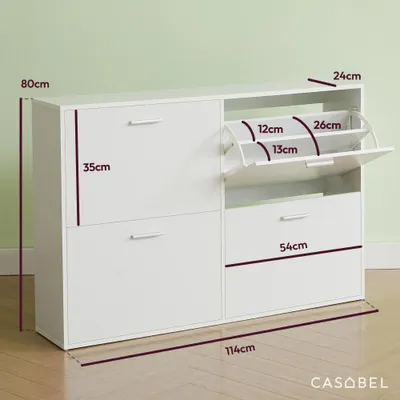 Produktbild von CASABEL Schuhschrank mit 4 Klappen,  Schuhschrank Eingang Weiß, Modernes Design, Große Kapazität 24 Paar, Praktischer Stauraum für Flur, Eingang, Wohnzimmer, L114xT24xH83 cm