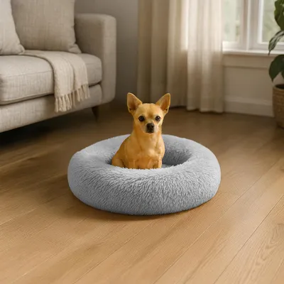 Image de belviona Lit pour chien Donut, lit douillet en peluche avec rembourrage moelleux, maintien sûr & bord ergonomique, 40 cm de diamètre, gris clair