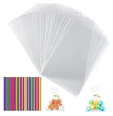 Produktbild von 100 Stück Cellophantüten, Plätzchentüten mit 100 Verpackungsseil, 10 x 15 CM Geschenktüten, Taschen Mitgebsel Beutel, Kekstüten für Geschenktüten Weihnachten Schokolade Keks