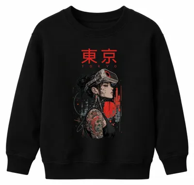 Imagen del producto de Sudadera con capucha, estilo cyberpunk, con motivos de Tokio, cyborg, Japón, estética Y2K y synthwave. Color negro. Talla 116