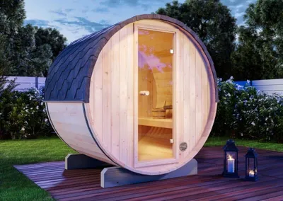 Produktbild von FinnTherm Fass-Sauna Mini XS, 194 x 160 x 194 cm Gartensauna, Outdoor Sauna mit 42 mm Wandstärke, inkl. Montagematerial, Glastür aus Sicherheitsglas, 3 Personen, inkl. Dachschindeln, Außensauna