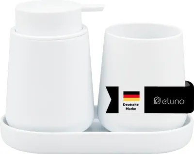 Zdjęcie produktu dla eluno TESERO 3-częściowy zestaw akcesoriów łazienkowych składający się z 1x dozownika mydła, 1x kubka, 1x miski, wykonany z tworzywa sztucznego w kolorze białym