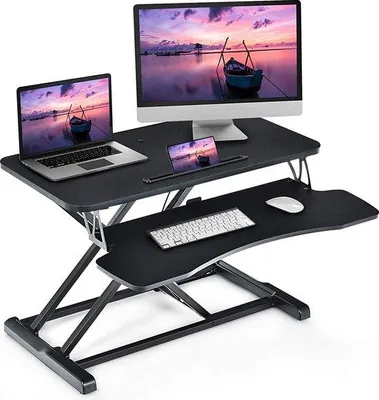 Produktbild von Höhenverstellbarer Schreibtisch mit Tastaturfach und Tablet-Halter, schwarz