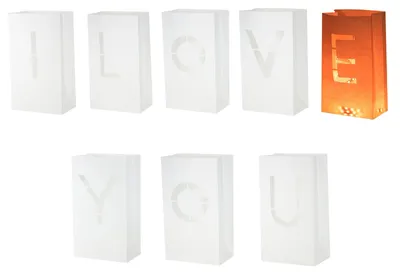 Leuchtende Papiertüten, 8 Stück, weiß, flammhemmend, I Love You, 15x9x26 mm