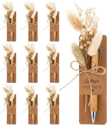 Productafbeelding van Set colleague met hart bedankje cadeaus - Set van 10 - Houten balpen met gravure bedankt voor Alles en droogbloemen