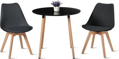 Image de HJ_WeDoo Table de salle à manger ronde noire avec 2 chaises de salle à manger noires - Ensemble scandinave 80×80×70 cm - pour cuisine, bureau, salle de conférence
