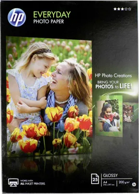 Produktbild von HP Everyday Photo Paper - Fotopapier, glänzend - 8 mil A4 (210 x 297 mm) - 200 g/m2 - 25 Blatt - für Deskjet 2050 J510, 3050 J610| Envy 100 D410, 11X D411| Photosmart 65XX B211, 7510 C311