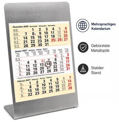 Produktbild von Tischkalender 2027 mit Metallaufsteller magnetisch 3-Monatskalender Büro (Sand)