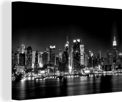 Produktbild von MuchoWow® - Leinwandbilder - New Yorker Skyline bei Nacht - schwarz und weiß, Wandbild, Wanddeko Bilder Wohnzimmer, 60x40 cm