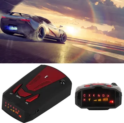 A collage showing a futuristic sports car on a race track and two radar detectors.