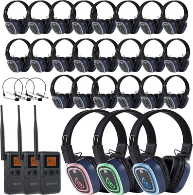 Produktbild von Retekess TA003P-TA004S Kopfhörer Set für Silent Disco, Fitness, Yoga, HiFi-Klangqualität, 12H, 3-Kanal-LED, Automatische Kopplung, angenehm zu tragen