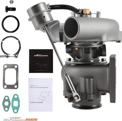 Productafbeelding van Turbocompressor T3/T04E voor Audi VW 1.8T VR6, met een uitlaatcollector (downpipe) en een universele aansluiting. De compressor heeft een A/R-verhouding van 0.63 en een V-bandaansluiting