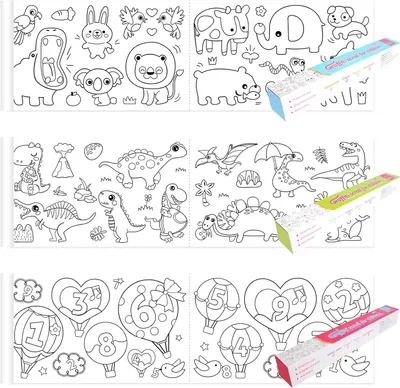 Immagine prodotto di Adesivi grandi da colorare per bambini, 3 rotoli di carta da disegno per bambini, dimensioni 30 x 300 cm, con immagini di animali, dinosauri e numeri