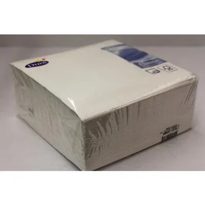 A stack of white dinner napkins wrapped in clear plastic.