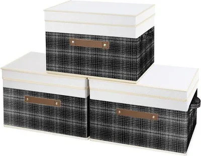 Image de Boîtes de rangement pliables avec couvercle, lot de 3, noir