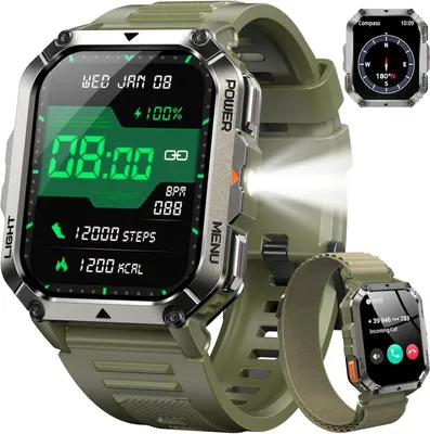 IOWODO Militär Smartwatch Herren 2,01'' HD Display mit LED Taschenlampe, Kompass, Bluetooth Anrufe, 900mAh,100+ Sportmodi,IP68,24/7 Gesundheitsmonitor