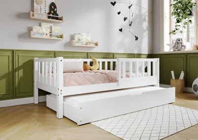 Produktbild von TIMBEE LENA Duo Doppelbett Kinderbett Holz Bett mit Schublade mit Schlaffunktion - Weiß - 70x140cm
