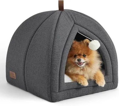 Image de Grande niche haute pour chats - 44 x 44 x 44 cm Intérieur de la niche pour chats avec coussin sherpa amovible et jouets suspendus Panier lavable Gris foncé