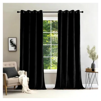 Produktbild von Samtvorhang mit Ösen im 2er Set, blickdicht und lichtundurchlässig, H 260 x B 140 cm, wärmeisolierende Vorhänge für Wohnzimmer und Schlafzimmer (Schwarz)