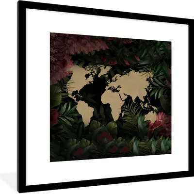 Produktbild von MuchoWow® MuchoWow® Gerahmtes Poster Weltkarte - Pflanzen - Blumen 40x40 cm - Poster mit zchwarzem Bilderrahmen - Poster - Plakat im Rahmen