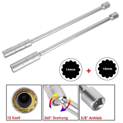 Produktbild von Zündkerzenschlüssel Zwölfkant Set 2-teilig mit Magnetgriff 14 mm und 16 mm für Zündkerzen und Glühkerzen Steckschlüssel Werkzeug für Kfz und Motorrad