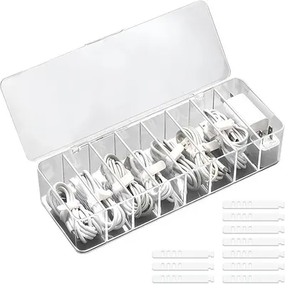 Produktbild von PolkaHome® Kabelbox Transparent – Kabelaufbewahrungsbox mit 8 Fächern & 10 Kabelbindern, Kabelmanagement-Box für Schreibtisch,