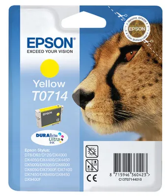Zdjęcie produktu dla Epson Cheetah Wkład atramentowy Yellow T0714 DURABrite Ultra Ink, Żółty, Tusz na bazie pigmentu, 5,5 ml, 1 szt., Jednopak