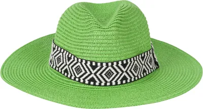 Produktbild von styleBREAKER Damen Panama Sonnenhut Einfarbig mit Stoff Hutband mit Azteken Muster, Strohhut, Schlapphut, Sommerhut, Fedora Hut 04025046