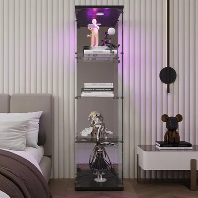 Image de Vitrine en verre, LED, miroir arrière, 4 couches, 1 porte, 42x36x164cm, salon, chambre à coucher, bureau, Noir