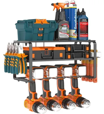 Obrázek produktu pro Nástěnný držák na nářadí pro 4 elektrické nástroje, se 3 úrovněmi, s držákem na šroubováky a 4 držáky na vrtáky