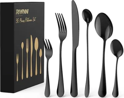 Productafbeelding van Unyqoos® bestekset voor 6 personen, 36-delig, zwart, 18/8 roestvrij staal – messen, vorken, lepels (inclusief theelepels/saladlepels/dessertlepels), hoogglanz gepolijst, vaatwasmachinebestendig