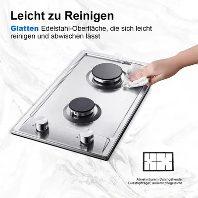 Immagine prodotto di Piano cottura a gas da incasso - YYEUGCT-S02 - 2 fuochi - Acciaio inox - Accensione elettrica 220 V - Sicurezza antispegnimento - Gas naturale/propano