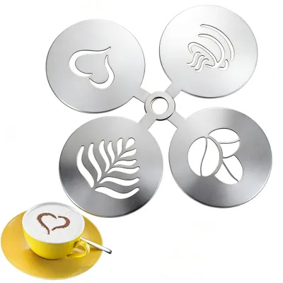 4 Edelstahl Kaffeeschablonen, Cappuccino Schablonen, Latte Art, 4 Motive