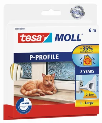 Produktbild von tesamoll P-Profil Gummidichtung für 2 - 5 mm Spalten, für Türen und Fenster, weiß, 6 m x 9 mm x 4 mm