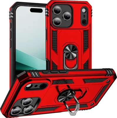 Obrázek produktu pro Pouzdro pro iPhone 17 Pro dvouvrstvé robustní, vojenská ochrana pouzdro s držákem prstenu a stojánkem červené