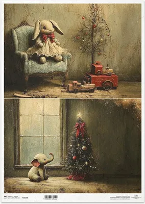 Immagine prodotto di Carta di riso per decoupage A3 - coniglio retrò, elefante, albero di Natale - R1520L - Collezione Itd