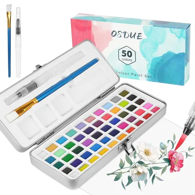 Image de TRANKIELO® - Coffret de peinture aquarelle professionnel avec 50 couleurs – Boîte à aquarelle portable avec pinceaux et éponges – Idéal pour les débutants