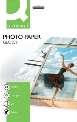 Zdjęcie produktu dla Q-Connect® KF01103 Papier fotograficzny do drukarek atramentowych - A4, wysoki połysk, 180 g/m², 20 arkuszy